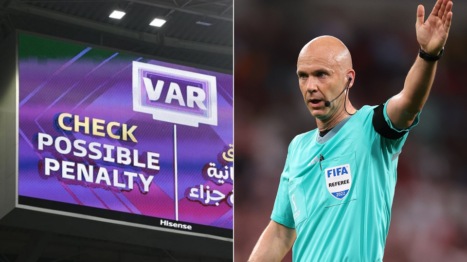 VAR screen and Anthony Taylor referee FIFA split