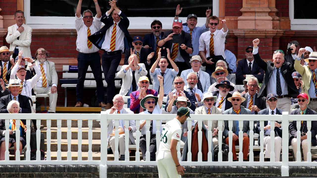 Mandatory Credit: Photo by Matt Impey/Shutterstock (13994495bl)
MCC Members get stuck in to Mitchell Starc of Australia who had come close to taking a catch by the boundary only for it to go for 6
England v Australia, Cricket, 2nd Ashes Test Match, Day 5, Lord's Cricket Ground,  St.Johns Wood, London, UK - 02/07/2023