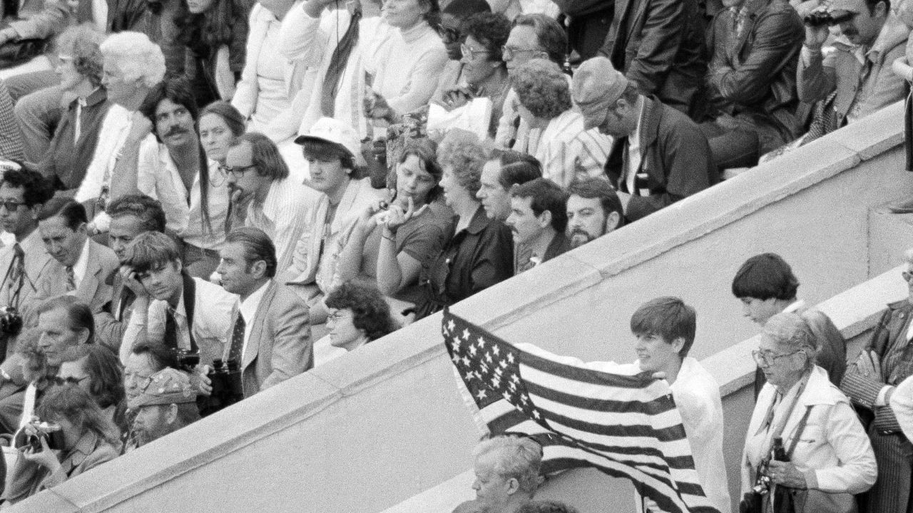 A United States flag is displayed during the Opening Ceremony of the 1980 Olympics, from which the US was absent. 