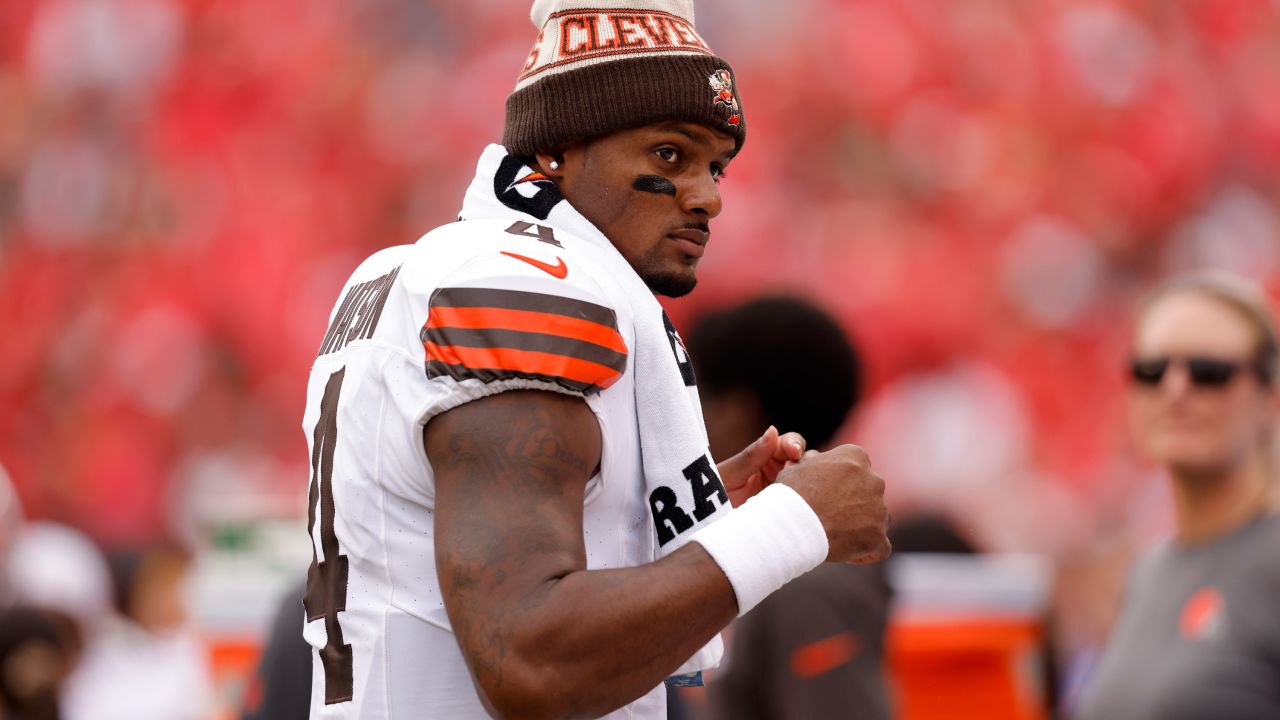 KANSAS CITY, MISSOURI - AUGUST 26: Deshaun Watson #4 of the Cleveland Browns walks the sidelines during the second quarter of a preseason game against the Kansas City Chiefs at GEHA Field at Arrowhead Stadium on August 26, 2023 in Kansas City, Missouri. (Photo by David Eulitt/Getty Images)