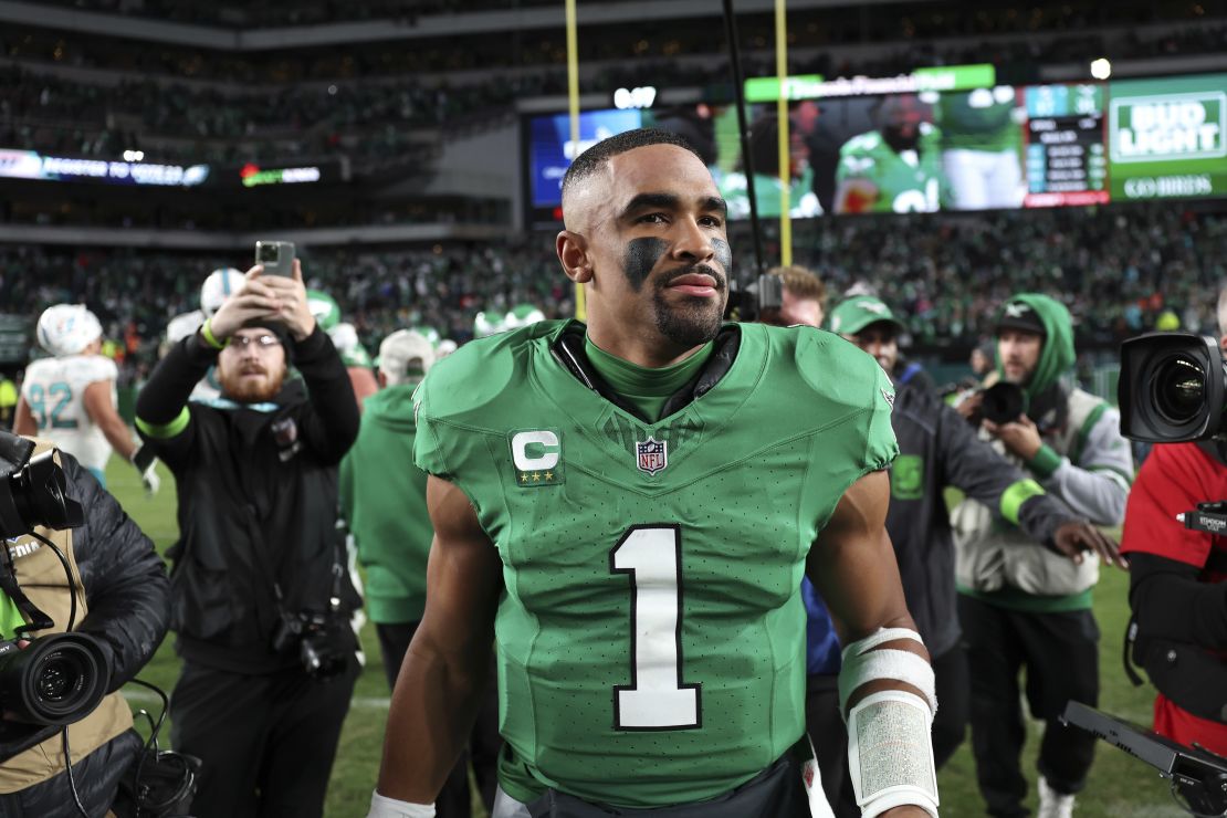 PHILADELPHIA, PENNSYLVANIA - OCTOBER 22: Jalen Hurts #1 of the Philadelphia Eagles leaves the field after defeating the Miami Dolphins 31-17 in a game at Lincoln Financial Field on October 22, 2023 in Philadelphia, Pennsylvania. (Photo by Tim Nwachukwu/Getty Images)