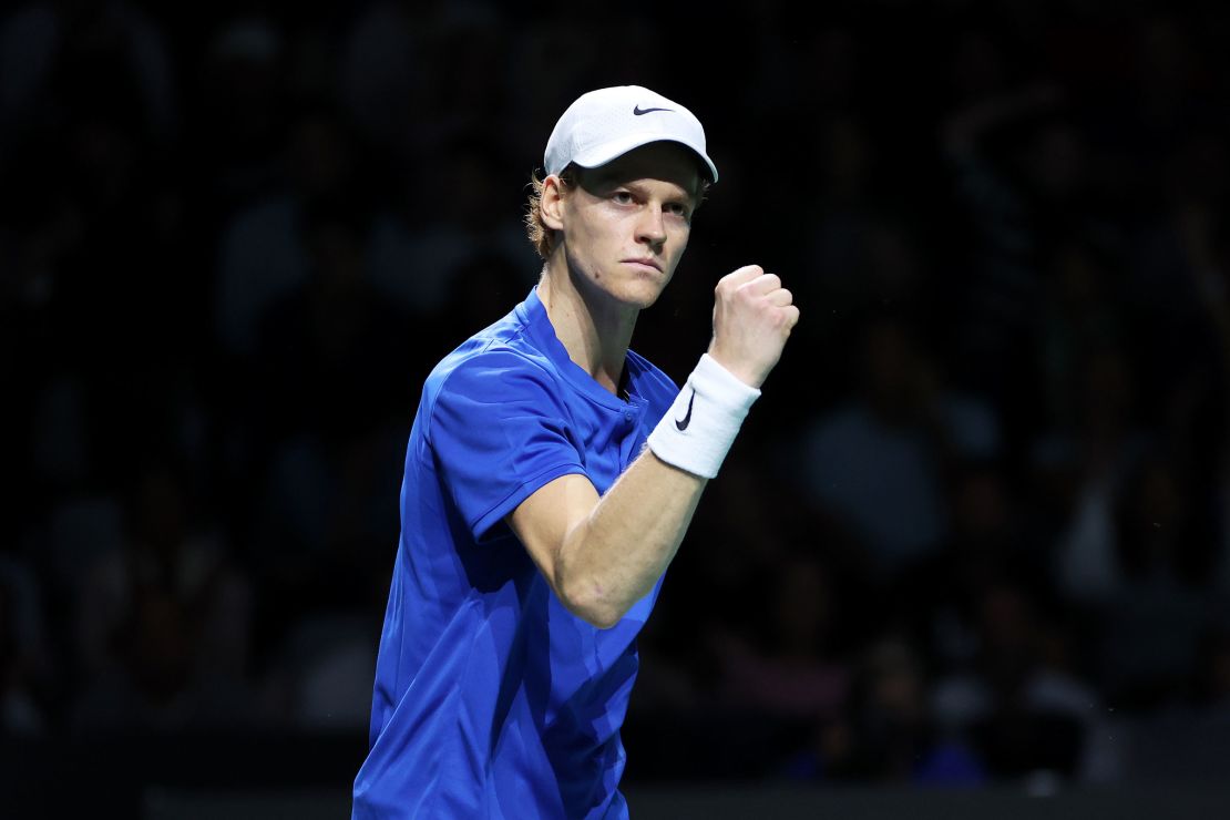 Jannik Sinner of Italy celebrates a point during the Semi-Final match against Novak Djokovic of Serbia in the Davis Cup Final at Palacio de Deportes Jose Maria Martin Carpena on November 25 in Malaga, Spain.