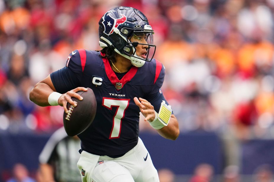 C.J. Stroud of the Houston Texans drops back to pass during the first half against the Tampa Bay Buccaneers. Stroud threw for 470 yards in the Texans' narrow 39-37 victory. 