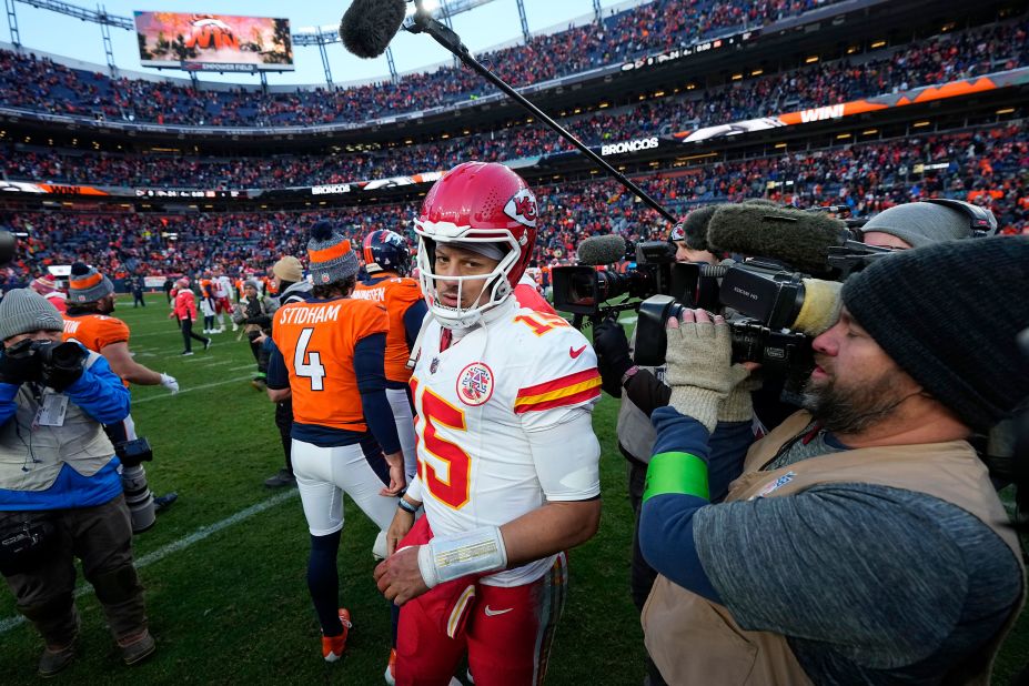 Kansas City Chiefs quarterback Patrick Mahomes walks off the field after the Chiefs' loss to the Denver Broncos. Mahomes, <a href=