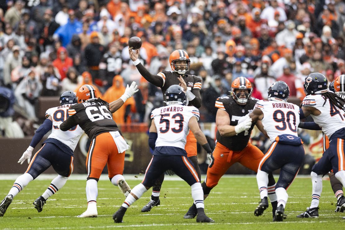 Dec 17, 2023; Cleveland, Ohio, USA; Cleveland Browns quarterback Joe Flacco (15) throws the ball against the Chicago Bears during the first quarter at Cleveland Browns Stadium. Mandatory Credit: Scott Galvin-USA TODAY Sports