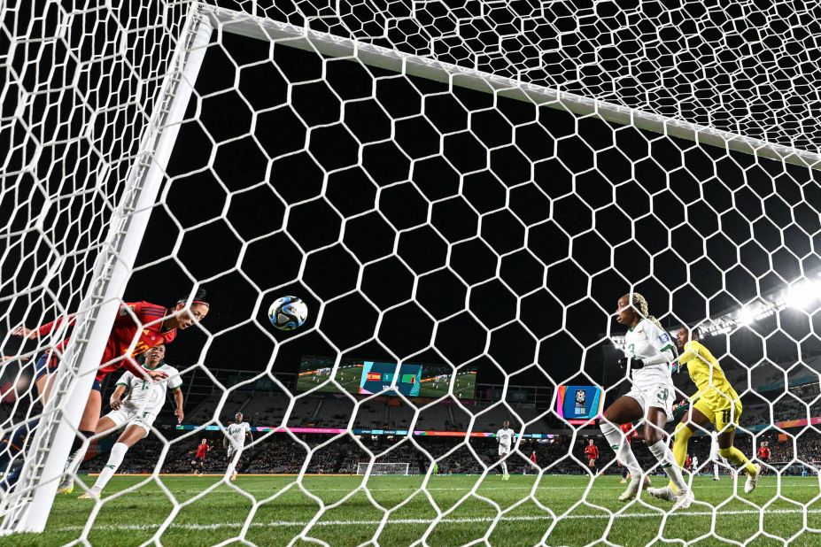 Hermoso, left, scores her first of two goals in the win over Zambia.