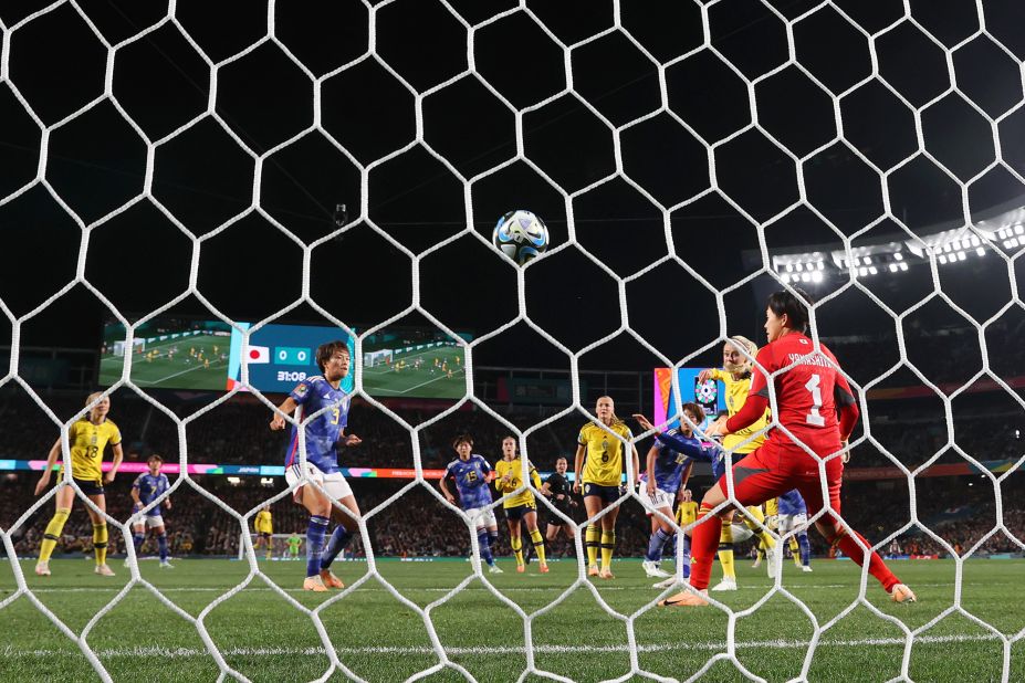 Sweden's Amanda Ilestedt scores the first goal of the quarterfinal match against Japan.