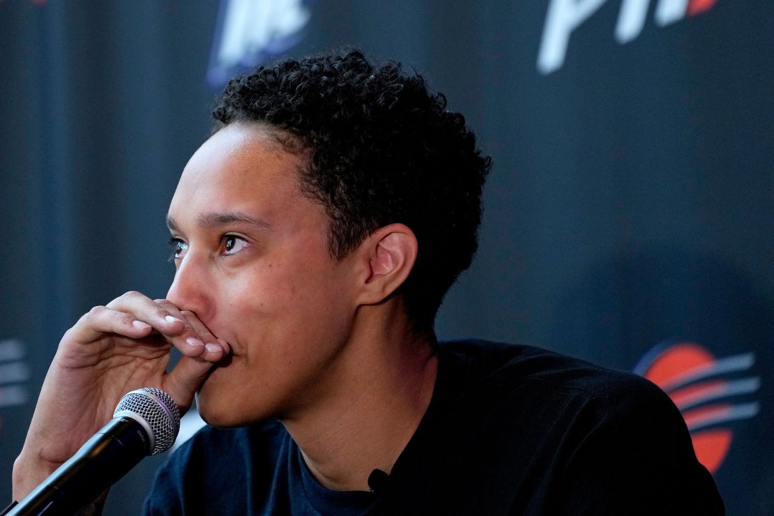 WNBA basketball player Brittney Griner fights back tears at a news conference, Thursday, April 27, 2023, in Phoenix. (AP Photo/Matt York)