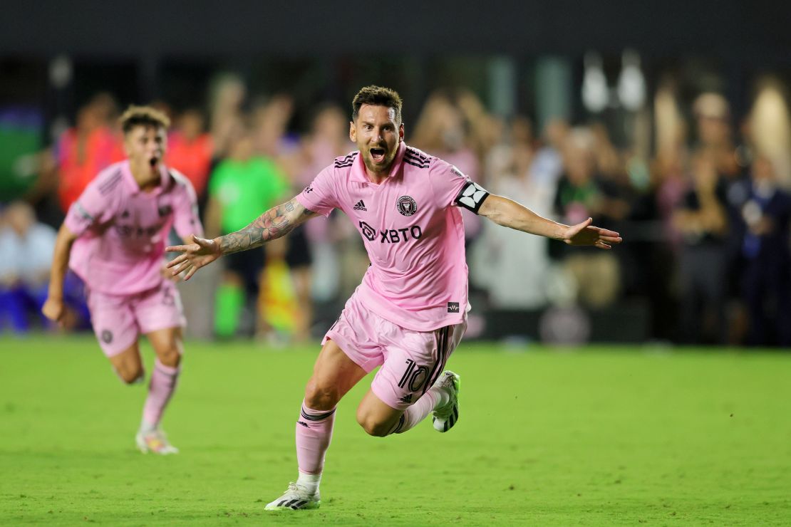 Jul 21, 2023; Fort Lauderdale, FL, USA; Inter Miami CF forward Lionel Messi (10) celebrates after scoring a goal against Cruz Azul during the second half at DRV PNK Stadium. Mandatory Credit: Sam Navarro-USA TODAY Sports