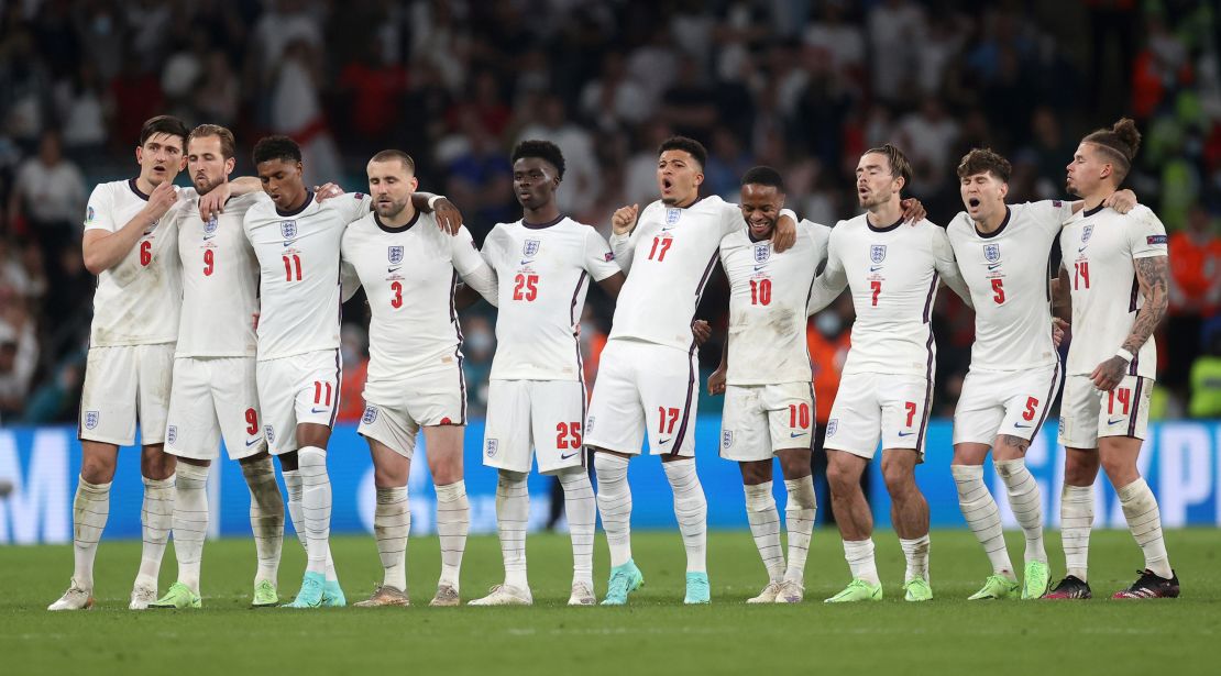 England players look on during a penalty shootout at the Euro 2020 final match at Wembley Stadium in London. Italy prevailed against England in the July, 2021 match.