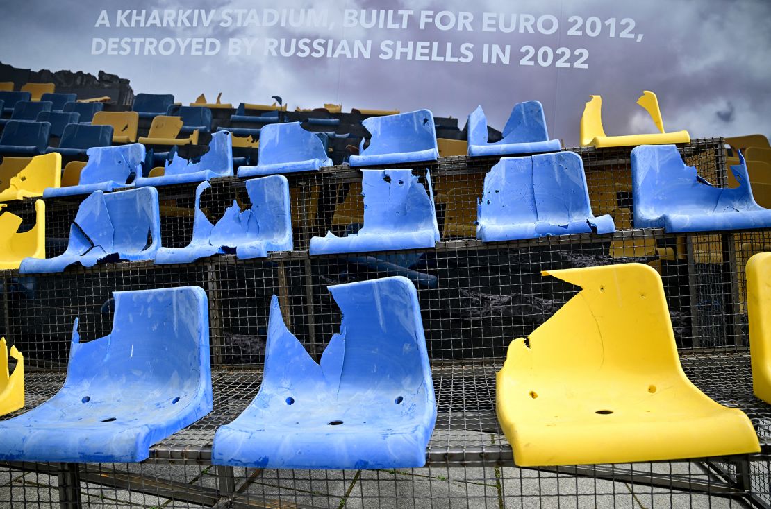 Damaged seats from a stadium in Kharkiv, Ukraine, are seen in an installation set up on June 17, 2024 in Munich, Germany.