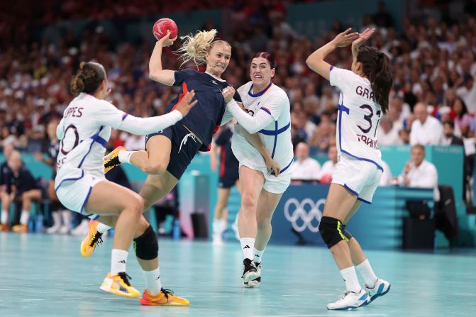 Norway’s Henny Reistad looks to shoot against France during the handball final on August 10. <a href=