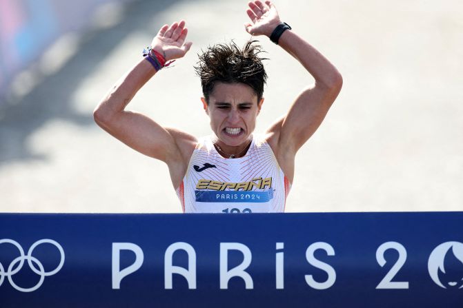 Spain's María Pérez crosses the finish line <a href=