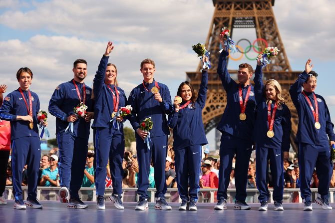 Members of the US Olympic figure skating team pose for a photo on August 7 after receiving gold medals for their performance in the 2022 Winter Games. <a href=