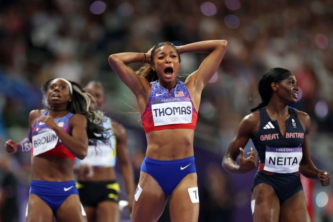 US sprinter Gabby Thomas celebrates after <a href=