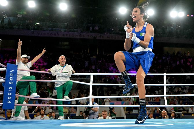 Algerian boxer Imane Khelif celebrates after <a href=