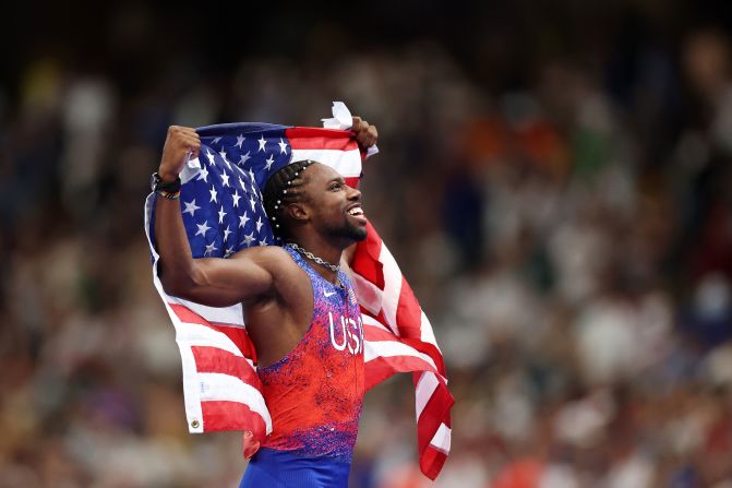 American sprinter Noah Lyles celebrates after he won gold in the 100-meter dash on Sunday, August 4. It was <a href=