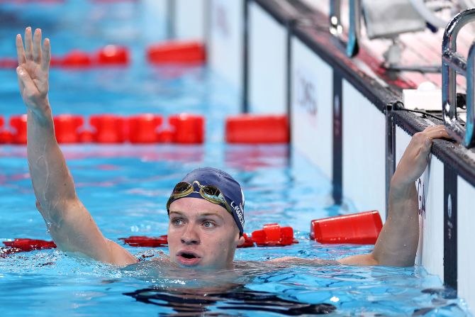 France's Léon Marchand celebrates after winning the 200-meter individual medley on Friday, August 2. It was his <a href=