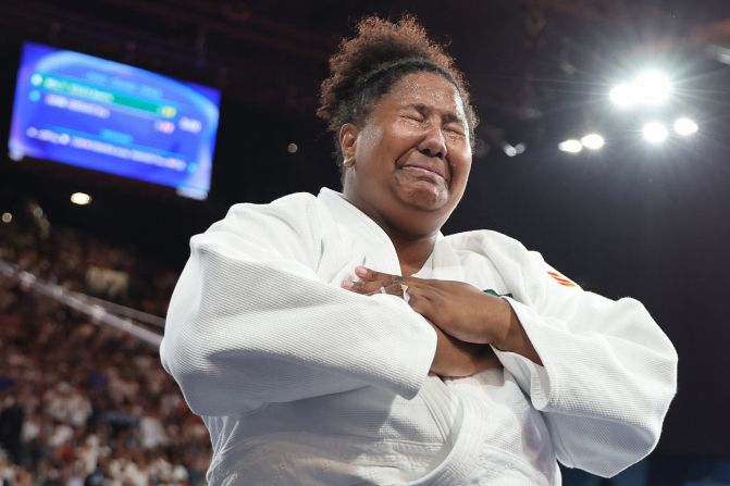 Brazil's Beatriz Souza reacts after defeating Israel's Raz Hershko in a judo final on August 2. It was Brazil's first gold of the Paris Olympics.