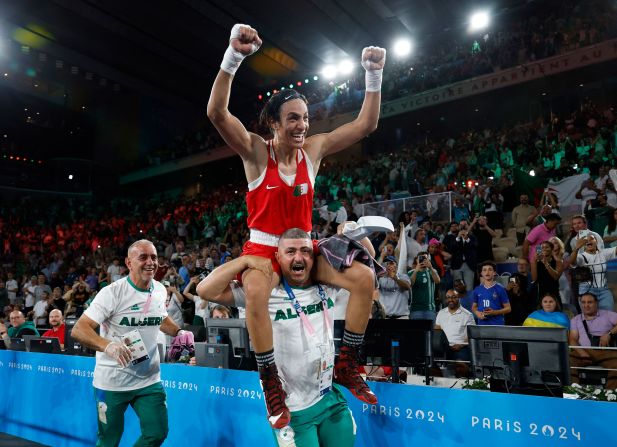 Algerian boxer Imane Khelif celebrates after <a href=