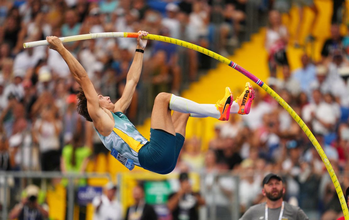 Duplantis competes in the pole vault event at the Silesia Dimond League.