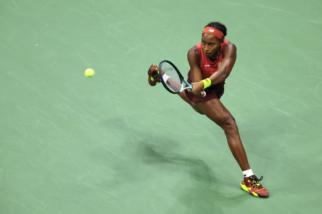 NEW YORK, NEW YORK - SEPTEMBER 09: Coco Gauff of the United States returns a shot against Aryna Sabalenka of Belarus during their Women's Singles Final match on Day Thirteen of the 2023 US Open at the USTA Billie Jean King National Tennis Center on September 09, 2023 in the Flushing neighborhood of the Queens borough of New York City. (Photo by Clive Brunskill/Getty Images)