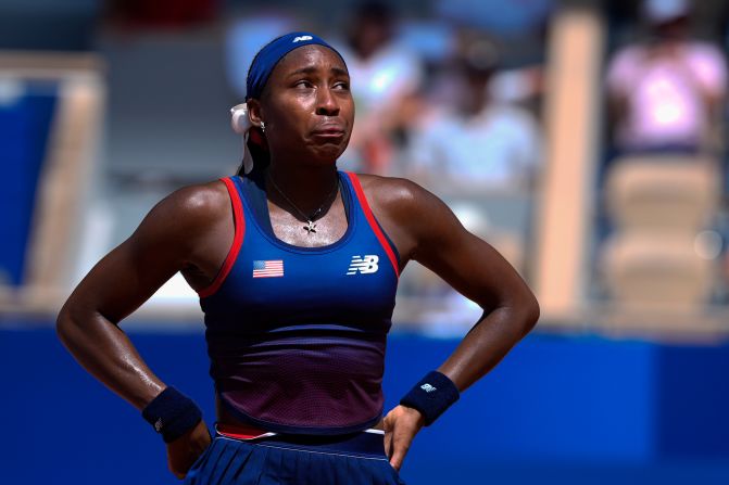 US tennis star Coco Gauff cries after arguing with chair umpire Jaume Campistol during the second set of her match against Croatia’s Donna Vekić on July 30. Gauff was facing a break point when a line call, initially called out, was overruled by Campistol. <a href=