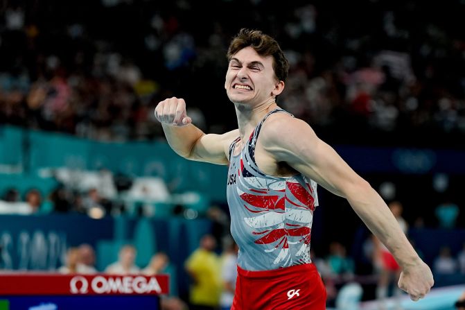 American gymnast Stephen Nedoroscik celebrates after his pommel horse performance on July 29. Nedoroscik, nicknamed the “Clark Kent” of Team USA for his bespectacled appearance before competing, would later <a href=