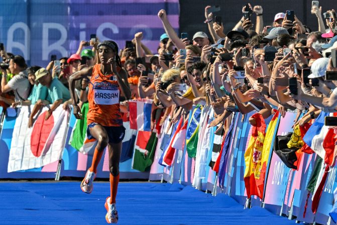 The Netherlands’ Sifan Hassan sprints to the finish line to win the women’s marathon at the Paris Olympics on August 11. She won the gold medal and set an Olympic record with a time of 2:22:55. She also won <a href=