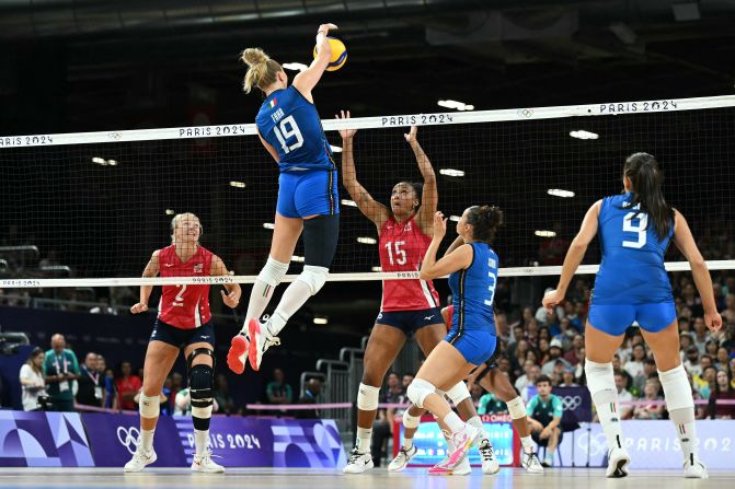 Italian volleyball player Sarah Luisa Fahr spikes the ball during the gold-medal match against the United States on August 11. <a href=