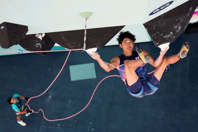 Japanese climber Sorato Anraku competes in the boulder and lead event on August 9. <a href=