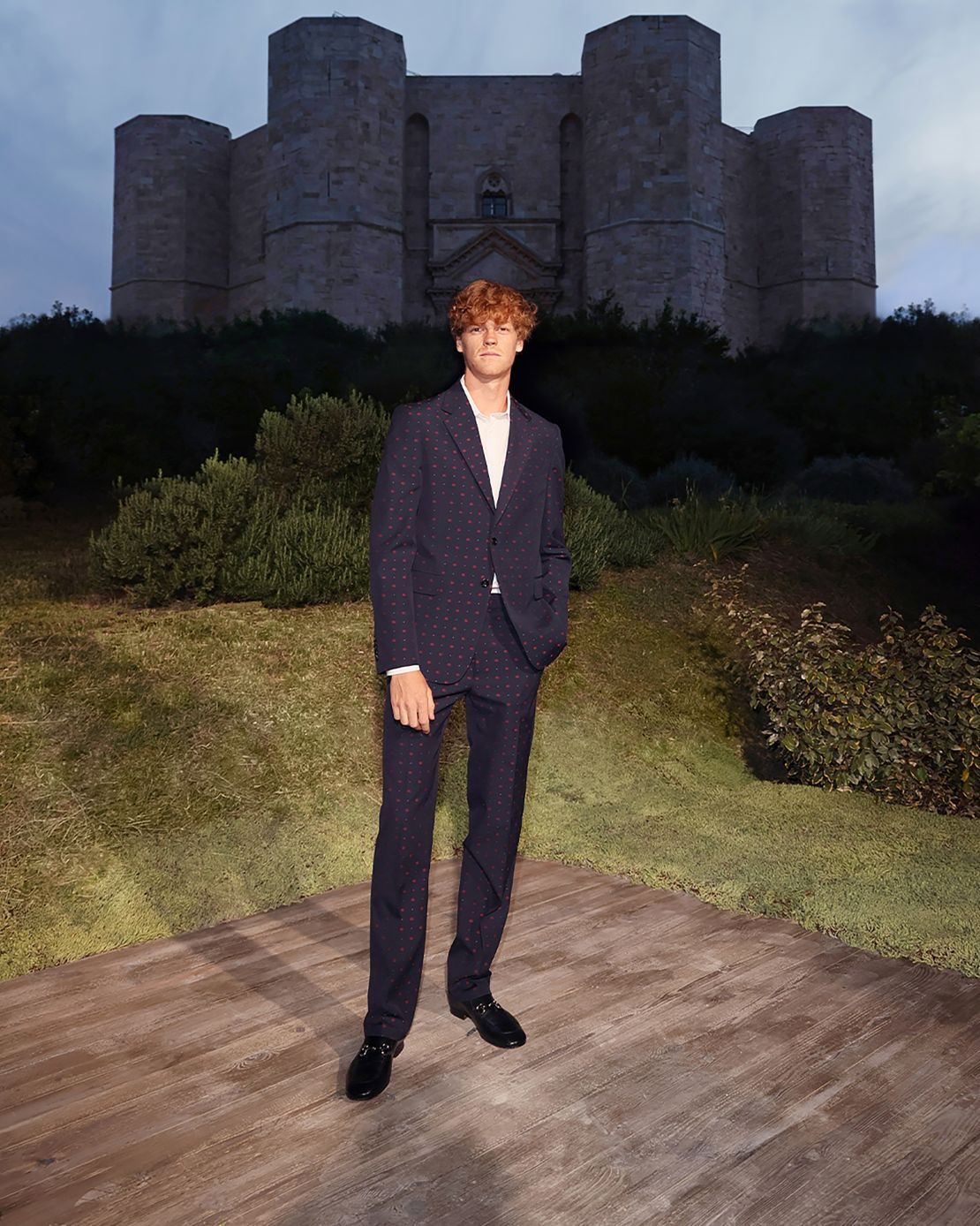 CASTEL DEL MONTE, ITALY - MAY 16: (EDITOR NOTE: This image has been retouched) Jannik Sinner arrives at Gucci Cosmogonie - Castel Del Monte on May 16, 2022 in Castel Del Monte, Italy. (Photo by Ernesto S. Ruscio/Getty Images for Gucci)