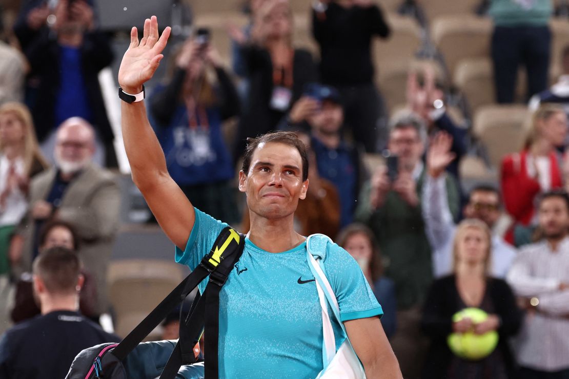 Spain's Rafael Nadal gestures as he leaves the court after losing in the first round of the French Open against Germany's Alexander Zverev in Paris.