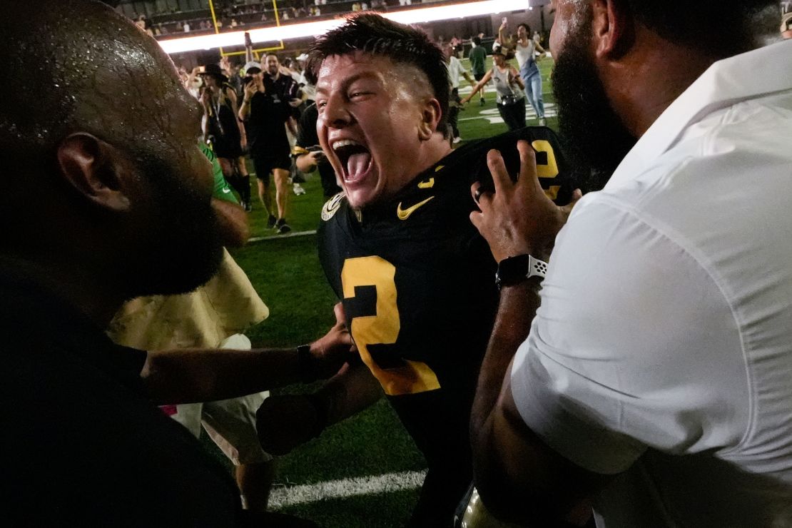 Vanderbilt quarterback Diego Pavia celebrates the team's 40-35 win over No. 1 Alabama.