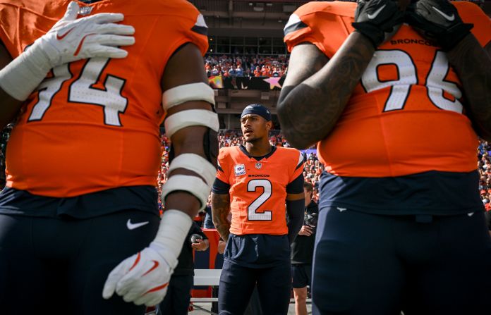 Denver Broncos cornerback Pat Surtain II stands for the national anthem ahead of the Broncos' 23-16 loss to the Los Angeles Chargers in Denver on October 13.