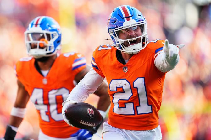 Denver Broncos cornerback Riley Moss celebrates after an interception in Denver on October 6. The Broncos beat the Las Vegas Raiders 34-18.