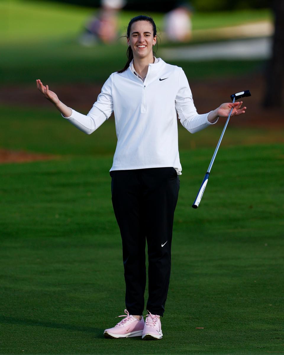 BELLEAIR, FLORIDA - NOVEMBER 13: Professional basketball player Caitlin Clark reacts on the eighth green prior to The ANNIKA driven by Gainbridge at Pelican 2024 at Pelican Golf Club on November 13, 2024 in Belleair, Florida. (Photo by Douglas P. DeFelice/Getty Images)