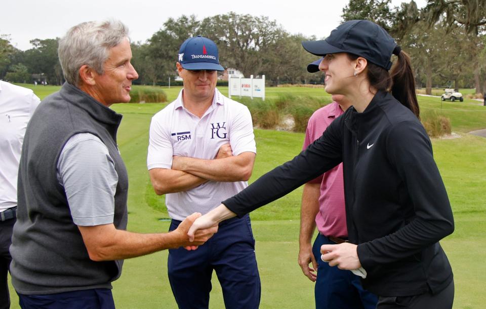 ST SIMONS ISLAND, GEORGIA - NOVEMBER 20: PGA Tour Commissioner Jay Monahan greets WNBA player Caitlin Clark during the Pro-Am prior to The RSM Classic 2024 at Sea Island Resort on November 20, 2024 in St Simons Island, Georgia. (Photo by Mike Ehrmann/Getty Images) ORG XMIT: 776222695 ORIG FILE ID: 2185788442