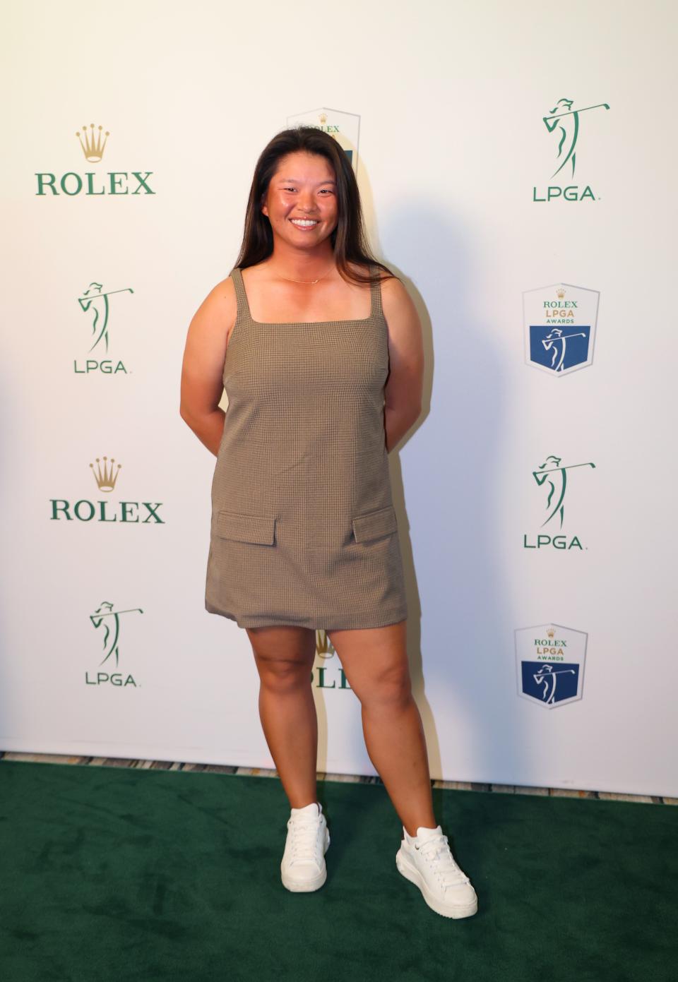 NAPLES, FLORIDA - NOVEMBER 20: Megan Khang of the United States poses for a photograph on the green carpet before the 2024 LPGA Rolex Players Awards at Tiburon Golf Club on November 20, 2024 in Naples, Florida. (Photo by Michael Reaves/Getty Images) ORG XMIT: 776241820 ORIG FILE ID: 2185827804