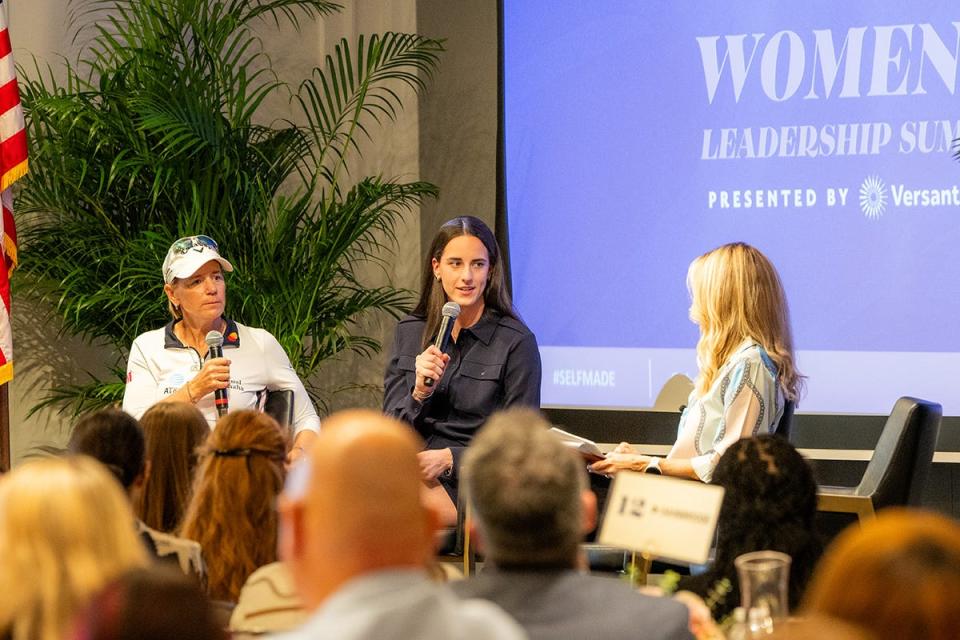 Caitlin Clark and Annika Sorenstam at the Women's Leadership Summit at Pelican Golf Club ahead of the 2024 The Annika driven by Gainbridge.