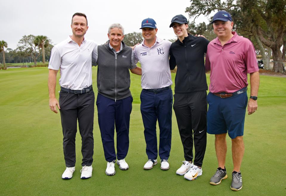 ST SIMONS ISLAND, GEORGIA - NOVEMBER 20: PGA Tour Commissioner Jay Monahan, WNBA player Caitlin Clark and Zach Johnson pose for a picture during the Pro-Am prior to The RSM Classic 2024 at Sea Island Resort on November 20, 2024 in St Simons Island, Georgia. (Photo by Mike Ehrmann/Getty Images) ORG XMIT: 776222695 ORIG FILE ID: 2185788530