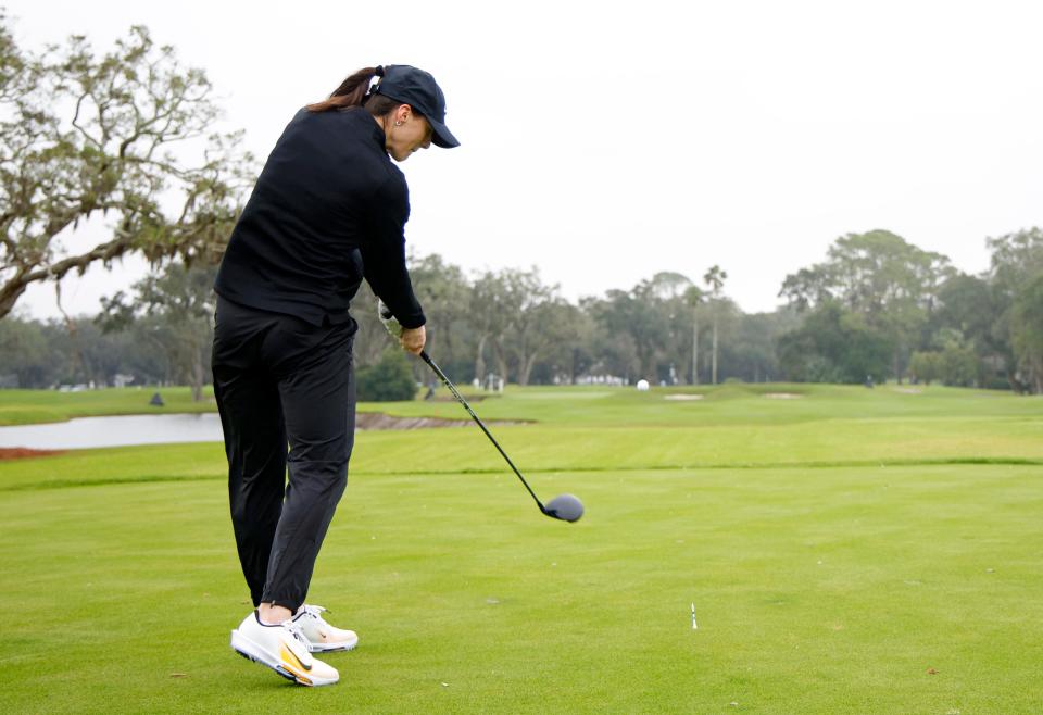 ST SIMONS ISLAND, GEORGIA - NOVEMBER 20: WNBA player Caitlin Clark plays during the Pro-Am prior to The RSM Classic 2024 at Sea Island Resort on November 20, 2024 in St Simons Island, Georgia. (Photo by Mike Ehrmann/Getty Images) ORG XMIT: 776222695 ORIG FILE ID: 2185788733