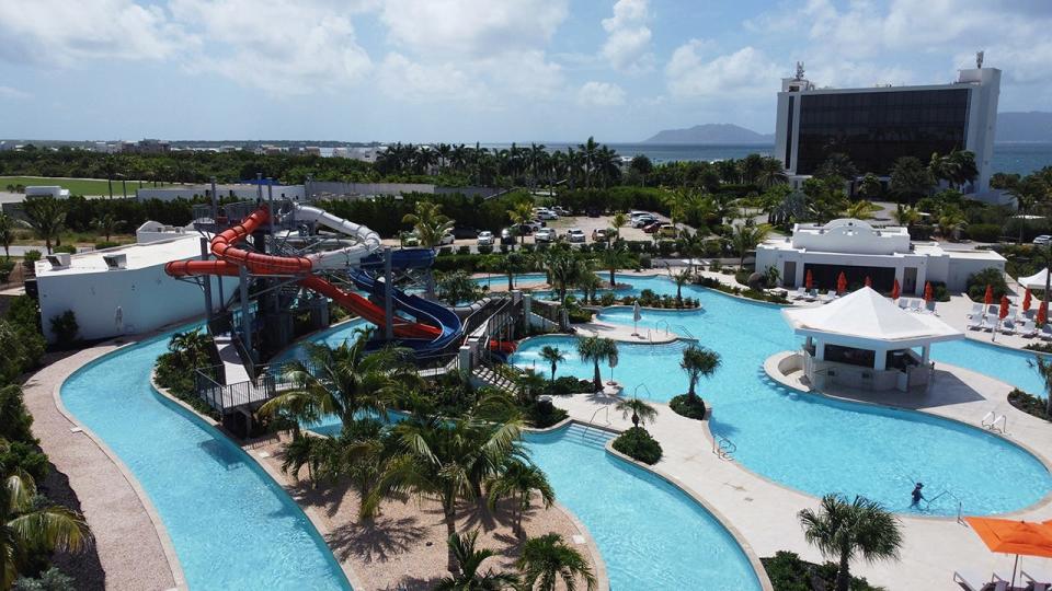 The water park at Aurora Anguilla in the Caribbean, complete with slides, a lazy river and a bar.